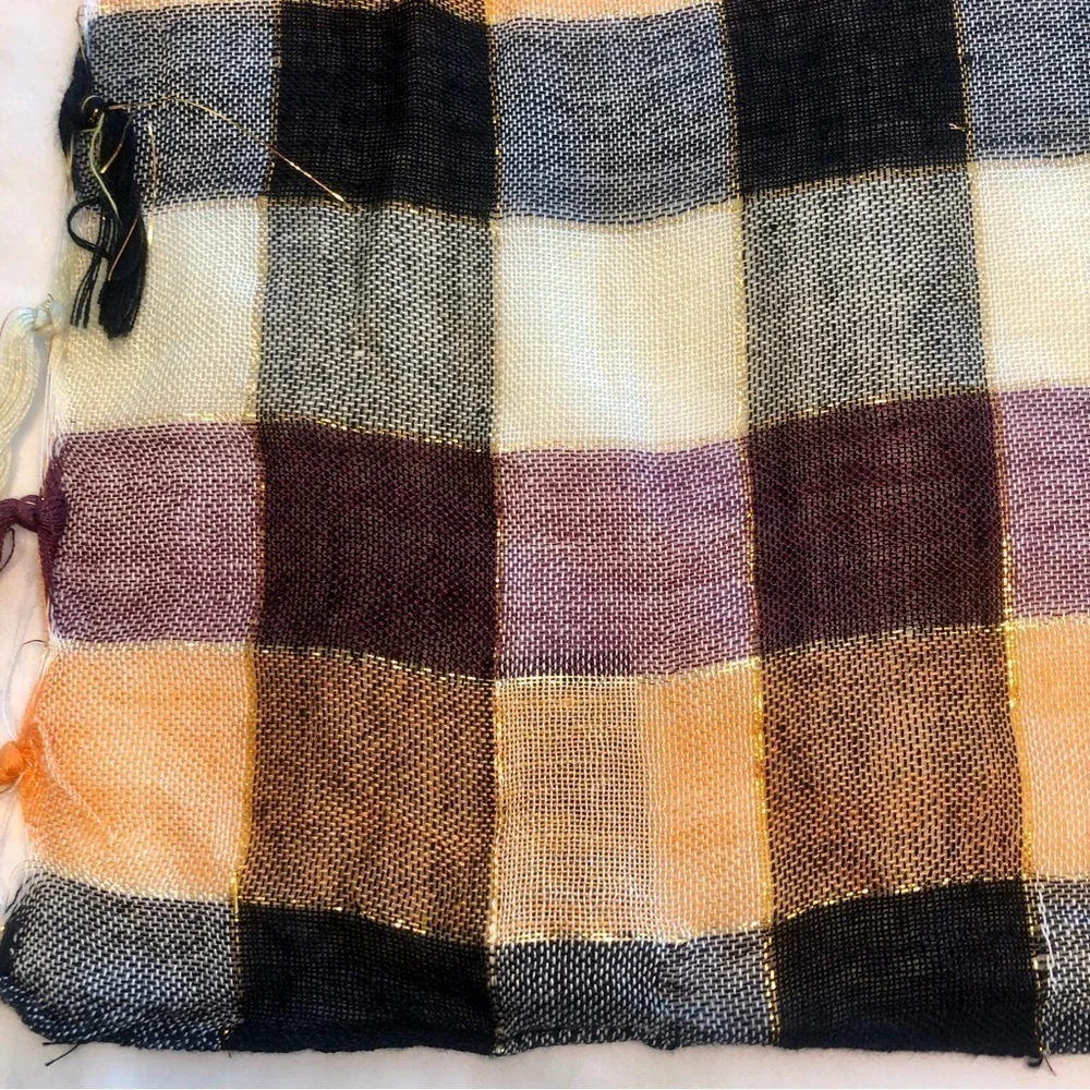 Forever 21 Scarf Buffalo Check Ivory Black Orange Metallic Thread Fringed